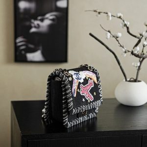 Chanel Black Fabric Chain Shoulder Bag with Embroidery