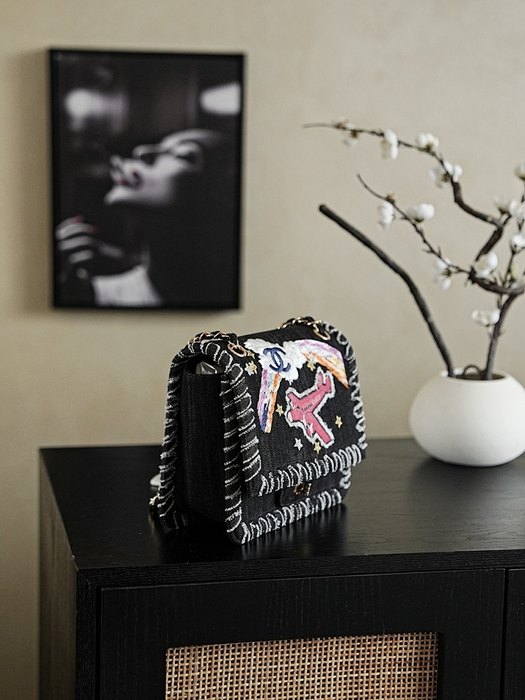 Chanel Black Fabric Chain Shoulder Bag with Embroidery
