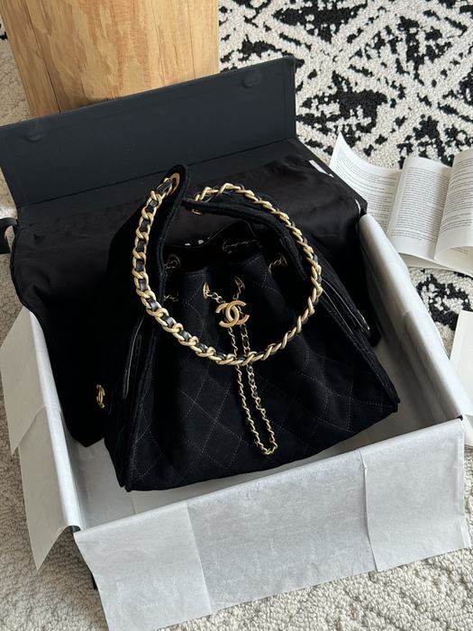 Chanel Black Suede Drawstring Tote Bag