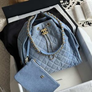 Chanel Blue Quilted Denim Bucket Bag
