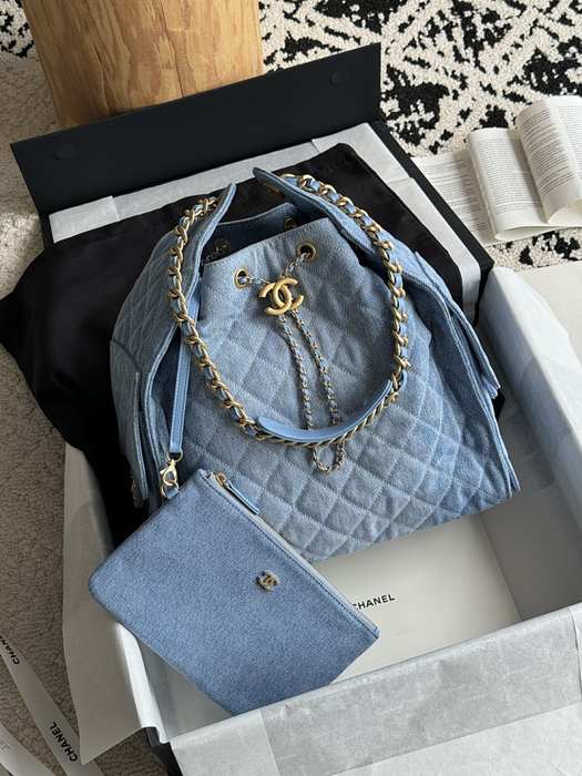 Chanel Blue Quilted Denim Bucket Bag