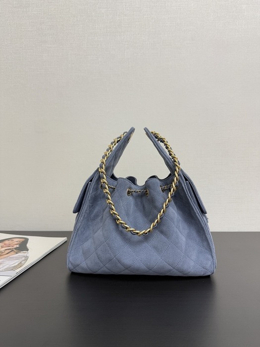 Chanel Blue Quilted Suede Drawstring Bag