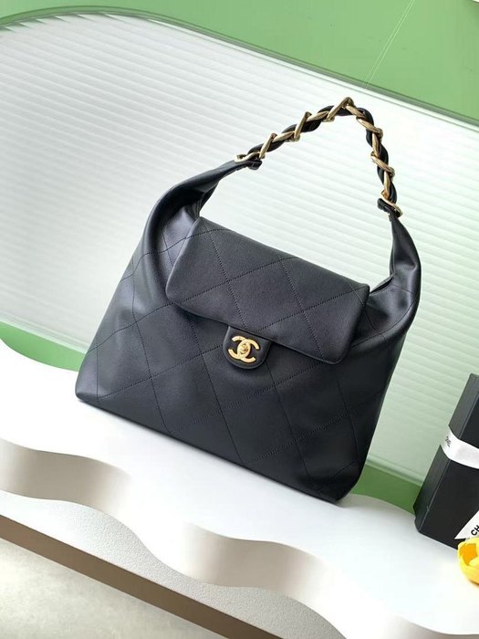 Chanel Large Black Quilted Leather Hobo Bag