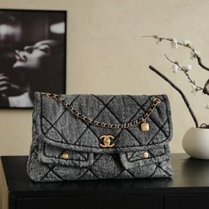 Chanel Large Quilted Flap Bag Grey Wool