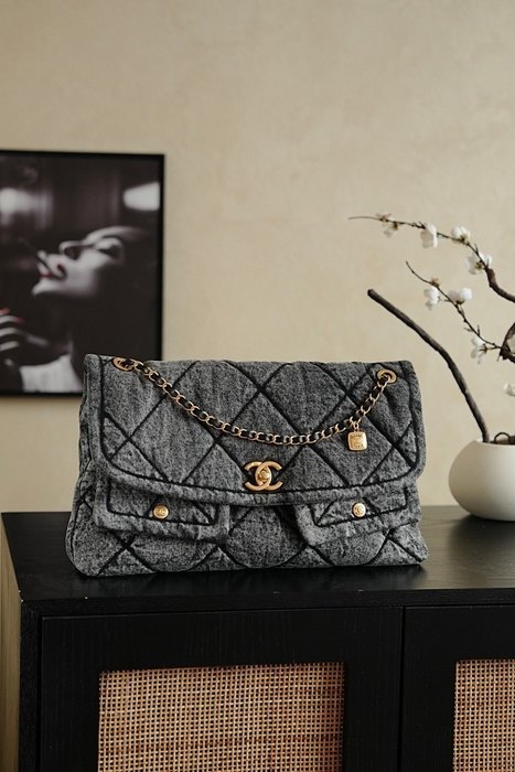 Chanel Large Quilted Flap Bag Grey Wool