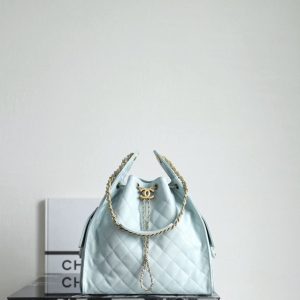 Chanel Light Blue Quilted Drawstring Tote