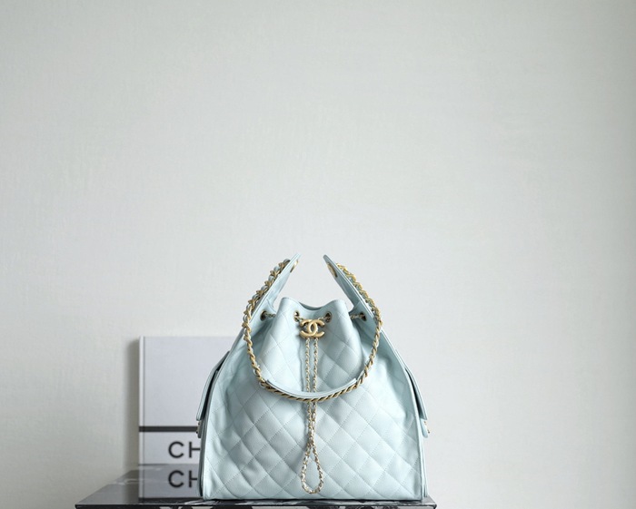 Chanel Light Blue Quilted Drawstring Tote