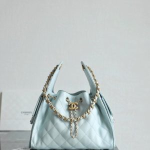 Chanel Light Blue Quilted Leather Drawstring Bag