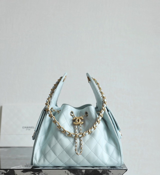 Chanel Light Blue Quilted Leather Drawstring Bag