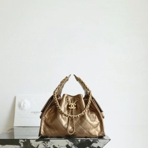 Chanel Metallic Gold Quilted Drawstring Bag
