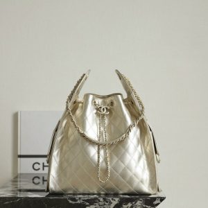 Chanel Metallic Gold Quilted Drawstring Bag 001