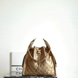 Chanel Metallic Gold Quilted Drawstring Bucket Bag