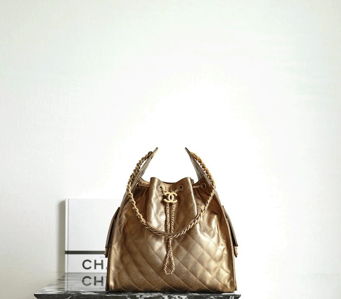 Chanel Metallic Gold Quilted Drawstring Bucket Bag