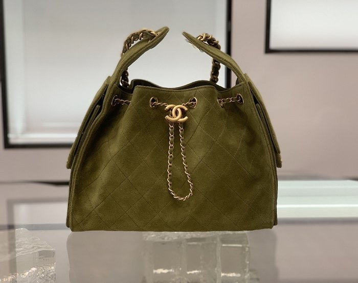 Chanel Olive Green Suede Drawstring Bag