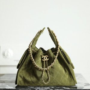 Chanel Olive Green Suede Drawstring Bag 001