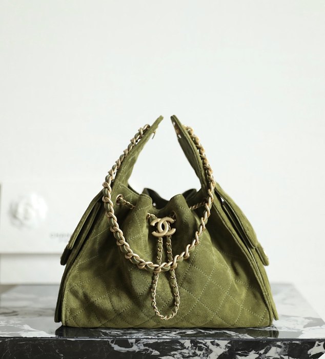 Chanel Olive Green Suede Drawstring Bag 001