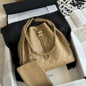 Chanel Quilted Beige Leather Drawstring Bag