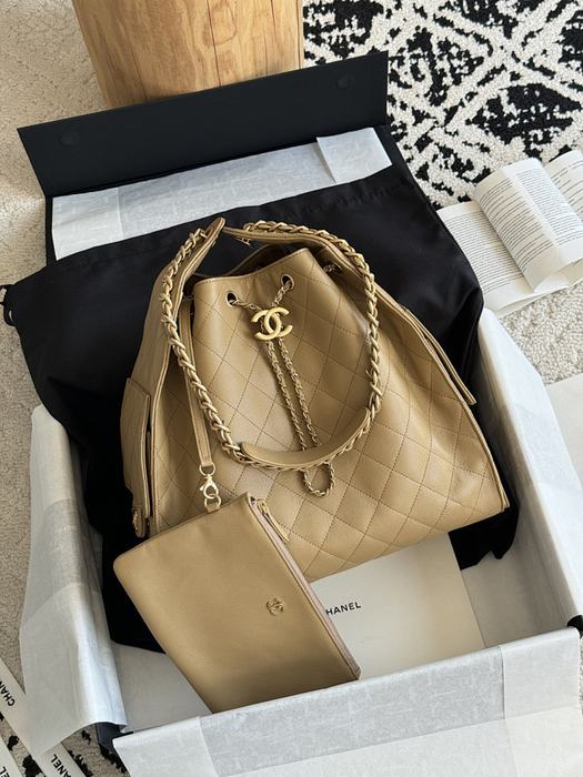 Chanel Quilted Beige Leather Drawstring Bag