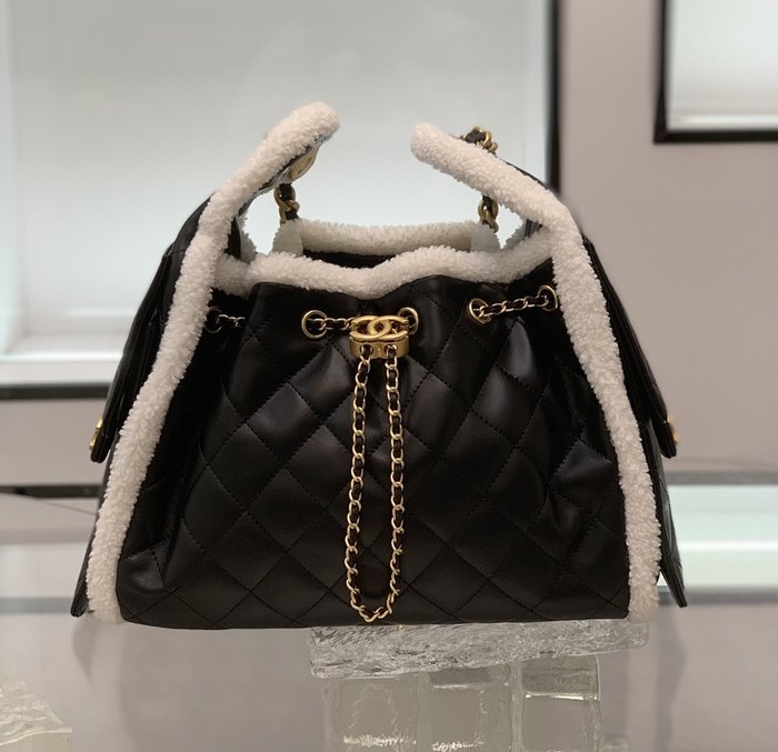 Chanel Quilted Black Leather Bucket Bag
