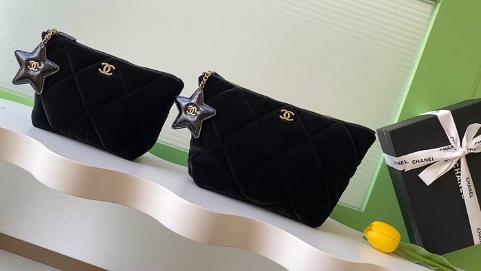 Chanel Quilted Black Velvet Pouch