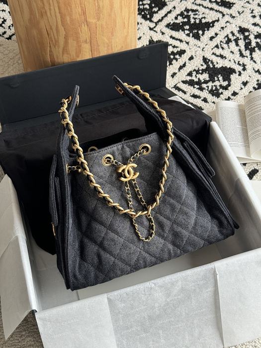 Chanel Quilted Denim Drawstring Bag
