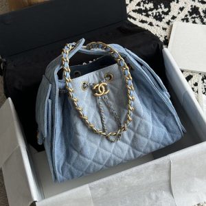 Chanel Quilted Denim Drawstring Tote