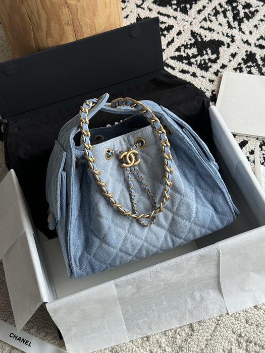 Chanel Quilted Denim Drawstring Tote