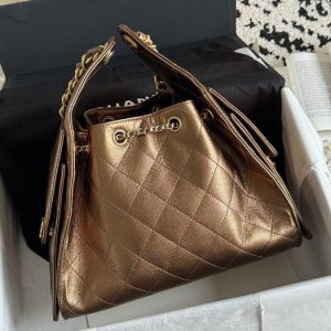 Chanel Quilted Metallic Bronze Drawstring Bag