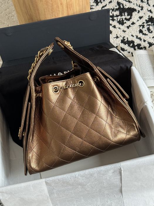 Chanel Quilted Metallic Bronze Drawstring Bag