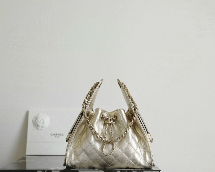 Chanel Quilted Metallic Gold Drawstring Bag