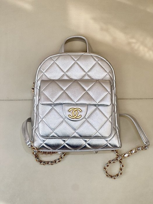 Chanel Quilted Metallic Silver Backpack