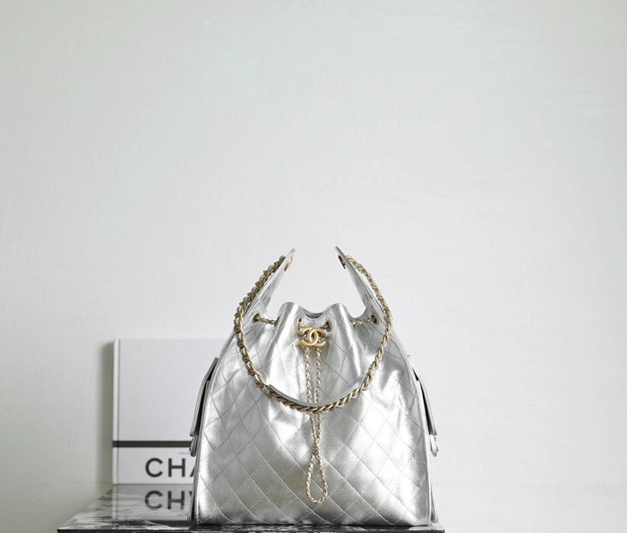 Chanel Silver Quilted Bucket Bag