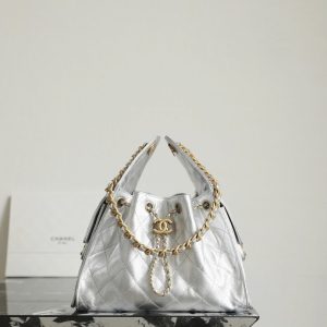 Chanel Silver Quilted Leather Drawstring Bag