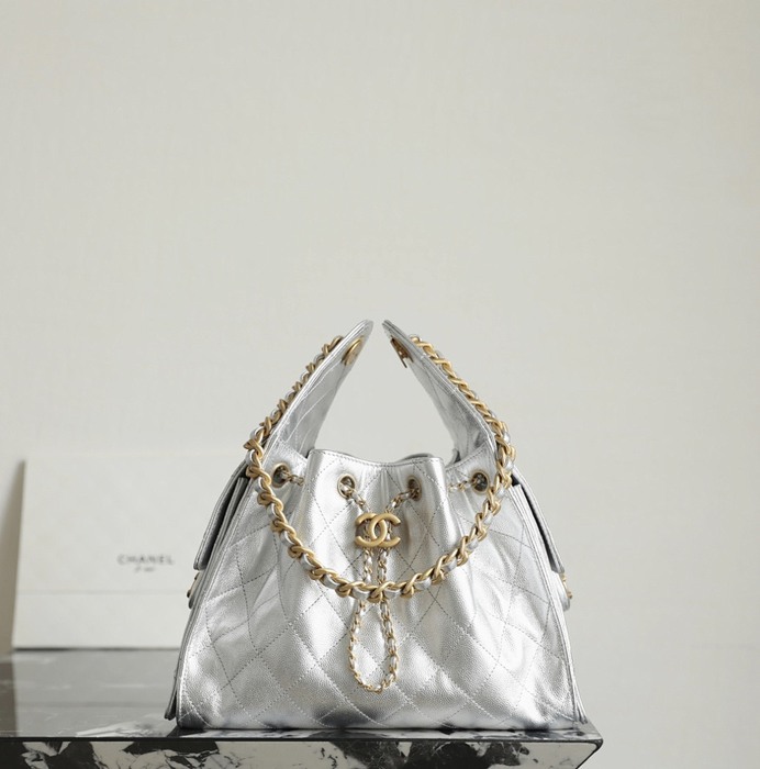 Chanel Silver Quilted Leather Drawstring Bag