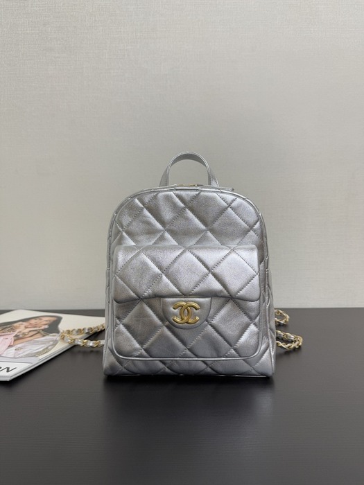 Chanel Silver Quilted Mini Backpack