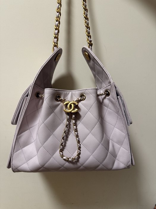 Chanel Small Drawstring Bucket Bag Beige Caviar