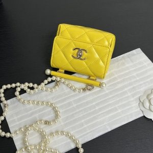 Chanel Small Quilted Yellow Leather Bag with Pearl Strap