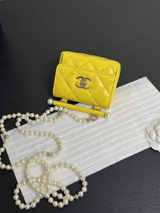 Chanel Small Quilted Yellow Leather Bag with Pearl Strap