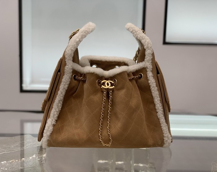 Chanel Suede Shearling Drawstring Bag