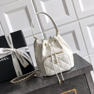 Chanel White Leather Drawstring Bucket Bag