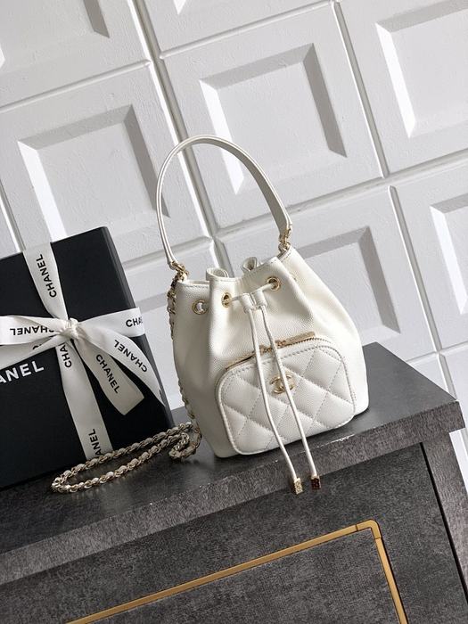 Chanel White Leather Drawstring Bucket Bag