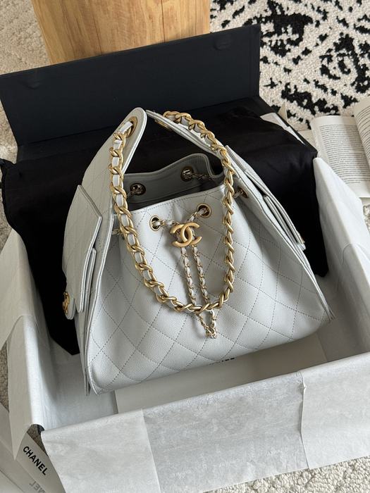 Chanel White Quilted Drawstring Shoulder Bag