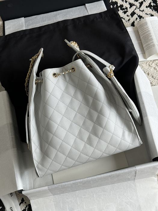 Chanel white leather quilted bucket bag